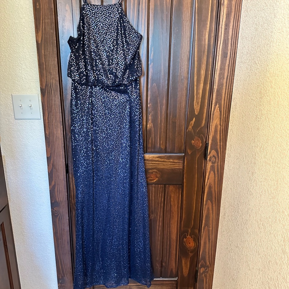 Adrianna Papell Blue Halter Maxi Gown
